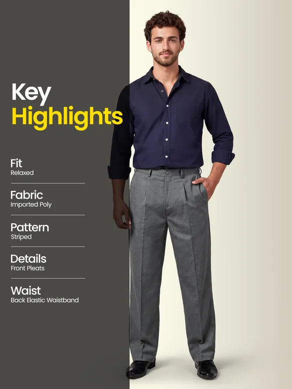 Steel Grey Striped Relaxed Fit Pants